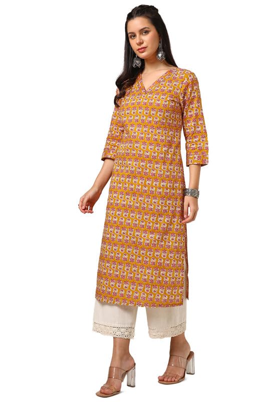 Soch Womens Mustard Cotton Botanical Print Kurta With Gotta Patti