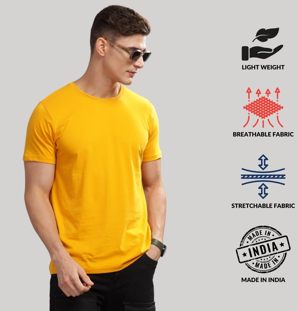 ADRO Men's Solid Regular Fit T-Shirt (RCM3-PLN-MU-WH-GR_Mustard,White,Grey