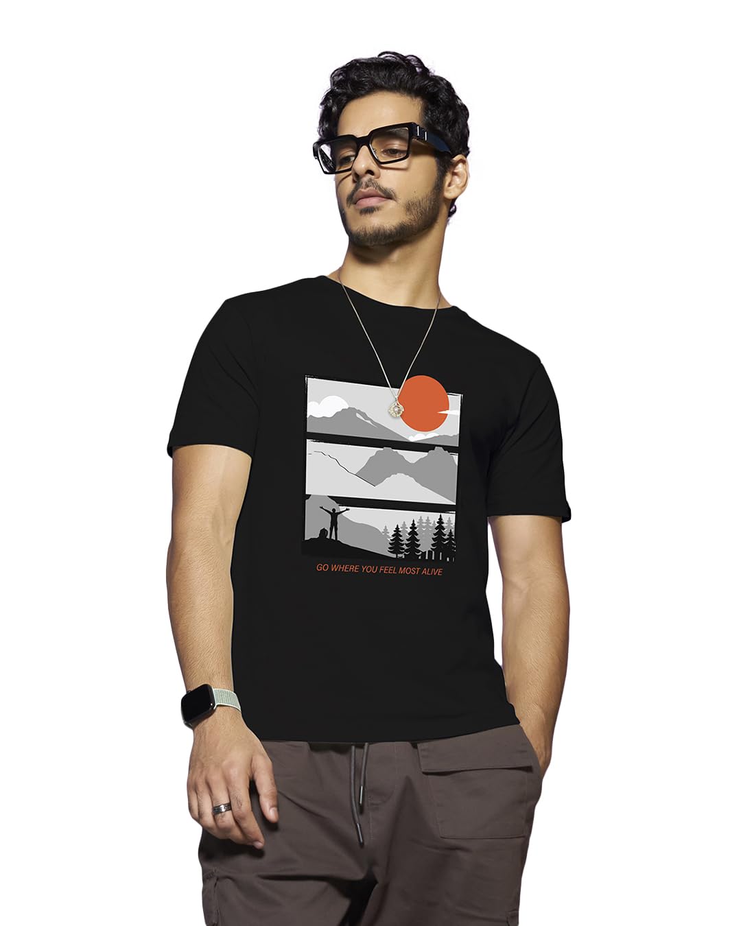 Bewakoof Mens Feel Most Alive Printed 100% Cotton T-Shirt - Regular Fit, Round Neck, Half Sleeves Black