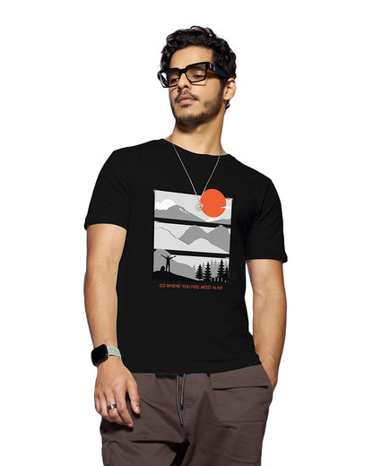 Bewakoof Mens Feel Most Alive Printed 100% Cotton T-Shirt - Regular Fit, Round Neck, Half Sleeves Black