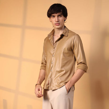 Campus Sutra Mens Camel Brown Solid Suede Shirt for Casual Wear | Spread Collar | Long Sleeve | Button Closure | Shirt Crafted