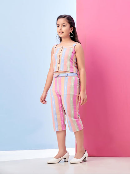 Aarika Girls Casual Wear Pink Colour Stripes Print Cotton Top & Pant With Belt-3-11 Years (DR-TR-K-989)