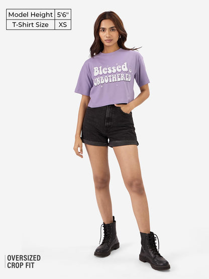 The Souled Store : Blessed and Unbothered Womens Oversized Fit Graphic Printed Half Sleeve Cotton Cropped T-Shirt