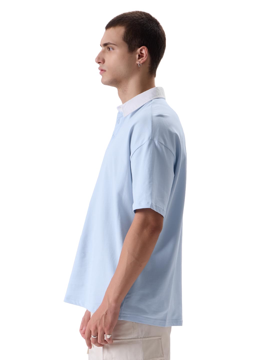 The Souled Store Solids: Powder Blue Mens and Boys Oversized fit Solid Half Sleeve Cotton Blue Color Mens Oversized Polo T-Shirt