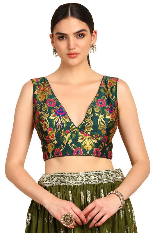 Soch Womens Green Floral Plunge Neck Silk Blend Padded Blouse