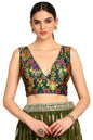 Soch Womens Green Floral Plunge Neck Silk Blend Padded Blouse