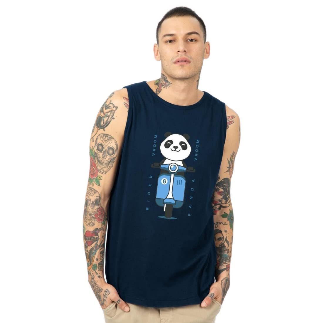 Bewakoof Mens Regular Fit Vroom Panda Graphic Print Blue Round Neck Vest