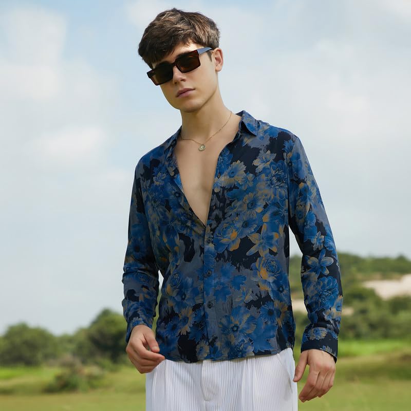 Campus Sutra Mens Lapis Blue Bi-Hue Daisy Shirt for Casual Wear | Spread Collar | Long Cuffed Sleeves | Button Closure | Shirt