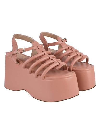 Shoetopia WomenS Peach Platform Sandals Chunky Wedge Gladiator Style|| Caged Straps & Adjustable Buckle  Trendy Summer Footwear