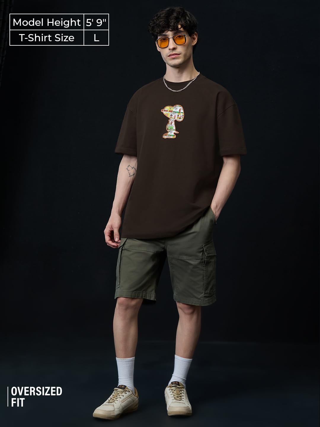The Souled Store Peanuts: Joe Cool Men and Boys Short Sleeves Round Neck Brown Applique Patch Cotton Oversized T-Shirts