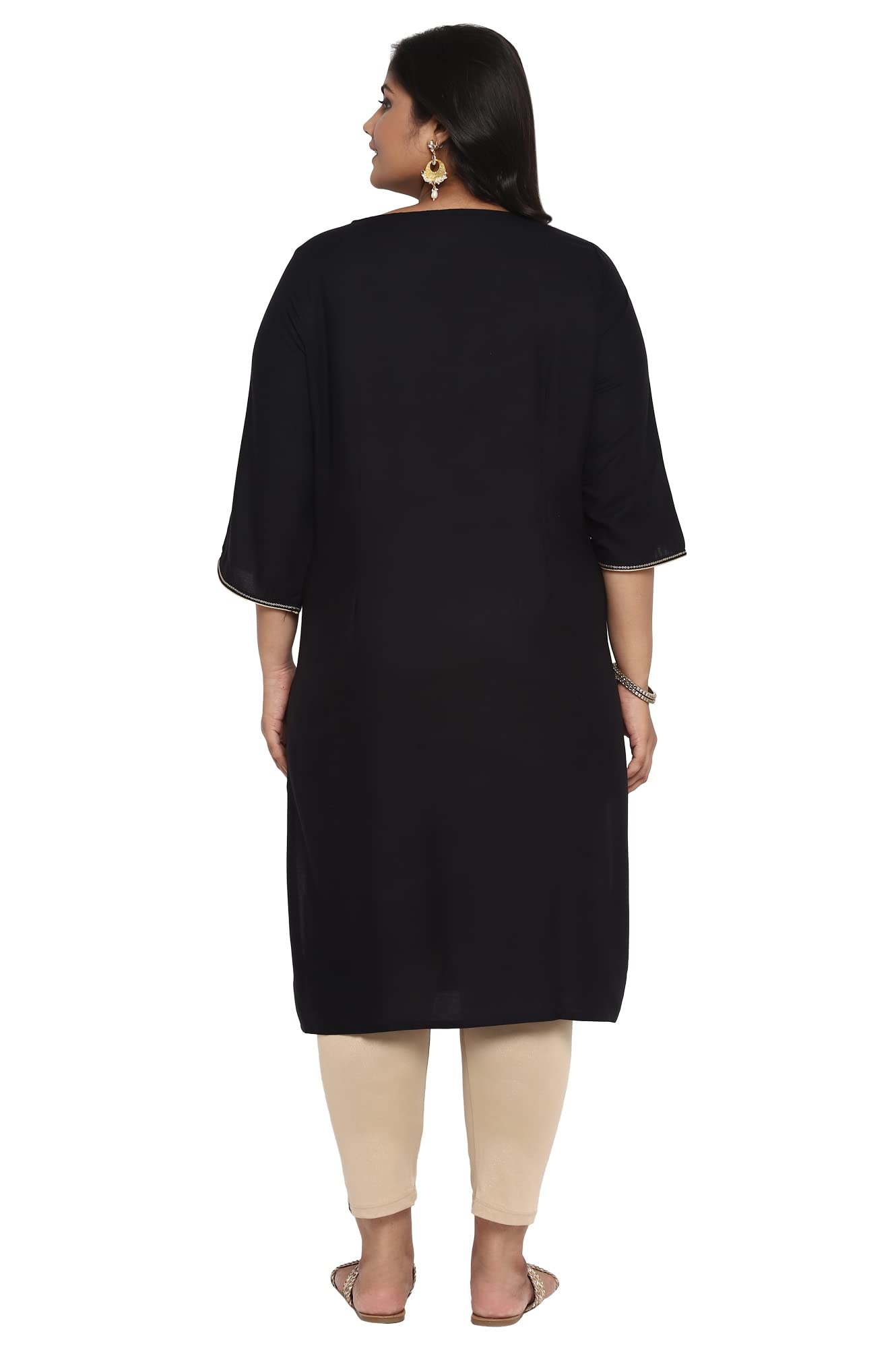 Aurelia Women's Viscose Black Ornamental Round Neck Straight Kurta