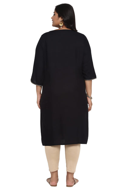 Aurelia Women's Viscose Black Ornamental Round Neck Straight Kurta