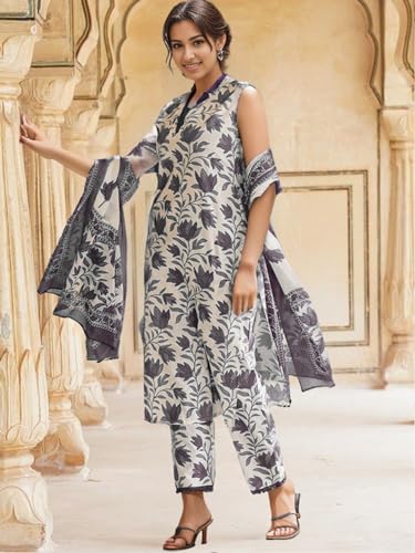 Shienzy WomenS Printed Cotton Blend Sleeveless V-Neck Kurta Pant Dupatta Set || Stylish Indo-Western Kurti For Wedding, Festive