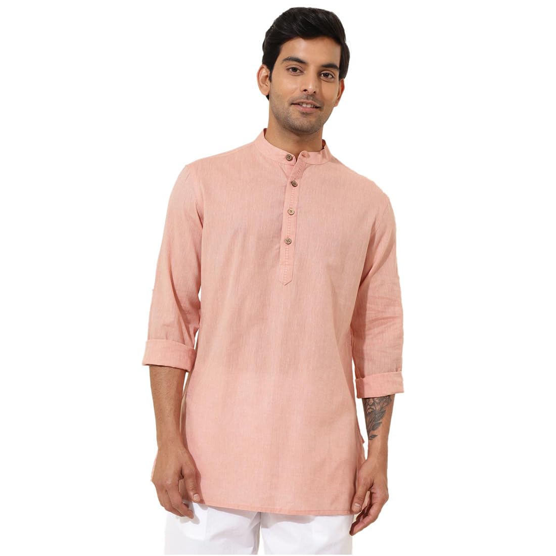 Fabindia MenS Cotton Solid Regular Kurta (1037084Peach_Orange