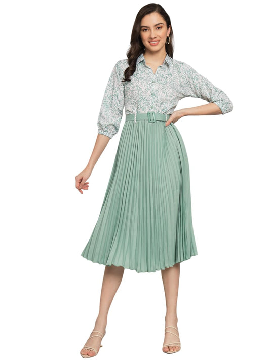 Kzully | Elegant A-Line Dress: Collared V-Neck Top, Pleated Skirt With Elastic Waist, Includes Belt Pista