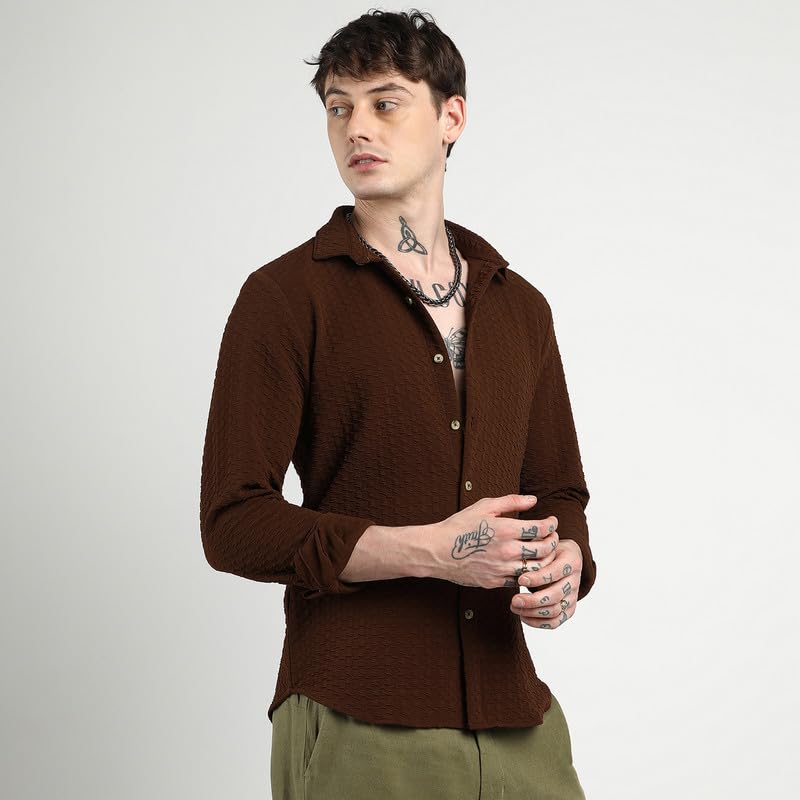 Campus Sutra MenS Chocolate Brown Ripple Box Shirt For Casual Wear | Spread Collar | Long Sleeve | Button Closure | Shirt Craft
