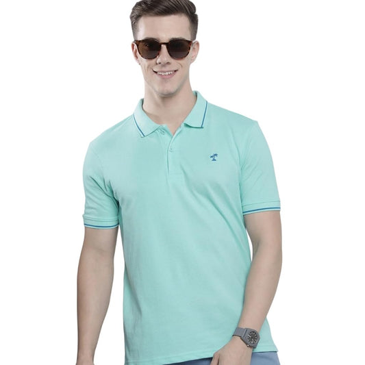 The Indian Garage Co Men Slim Fit Solid Polo Collar Tshirt Aqua