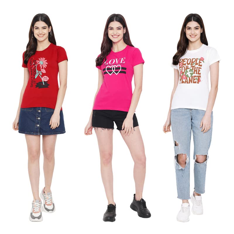 Preneum Womens Cotton Regular Fit Latest Graphic Stylish Printed Short Sleeves Casual T-Shirt || Trending & Styles (Pack 3), Re