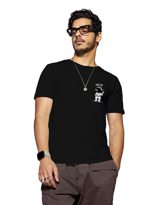 Bewakoof Mens Peace Out Astronaut Printed 100% Cotton T-Shirt - Regular Fit, Round Neck, Half Sleeves Black