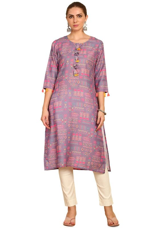 Soch Womens Purple Floral Printed Rayon Straight Kurta With Tassels