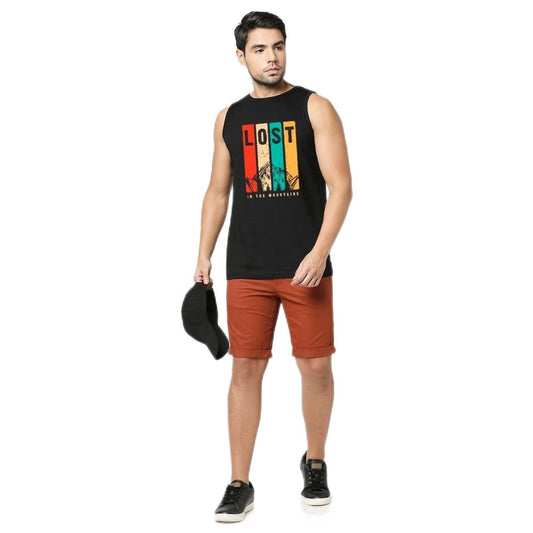 Bewakoof Men Lost Mountains Graphic Print Black Sleeveless Round Neck Vest