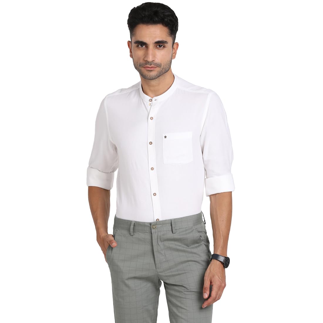 Turtle Men Cotton Lyocell White Solid Slim Fit Full Sleeve Casual Shirt