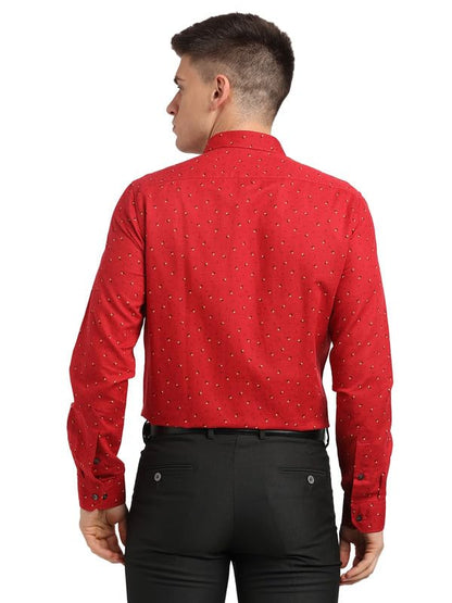 Turtle Men Red Cotton Linen Printed Slim Fit Shirts