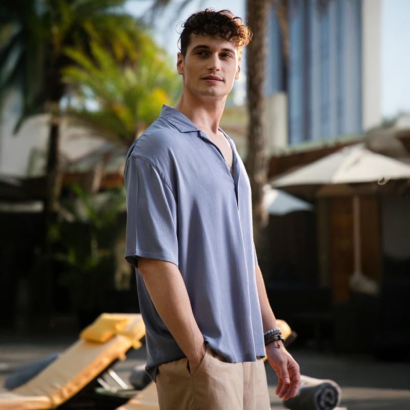 Campus Sutra Mens ICY Blue Creased Cuban Oversized Shirt for Casual Wear | Cuban Collar | Short Regular Sleeves | Button Closur