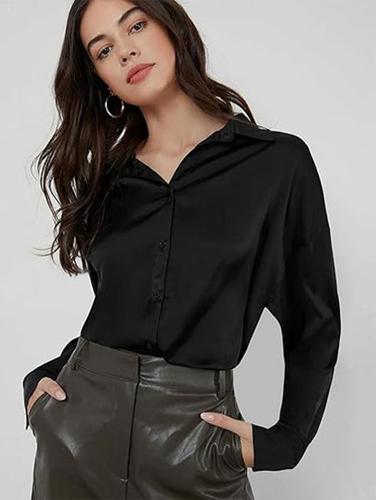 CB-COLEBROOK Womens Blouse Satin Silk Stylish Shirts Button Down Solid Shirts Casual Loose Long Sleeve Office Work Tunic Wester