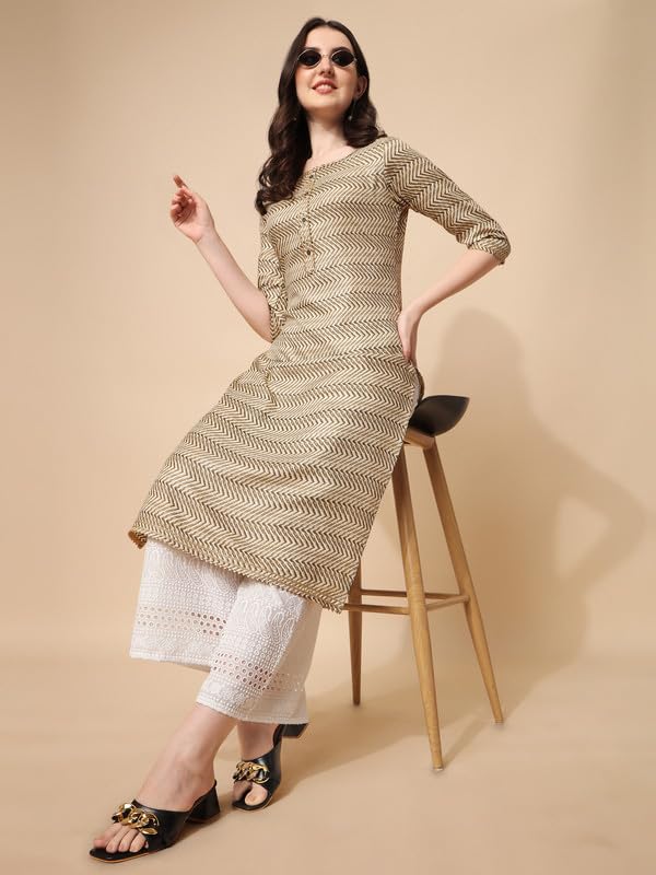 Nainvish Women'S Cotton Blend Straight Round Neck Printed Kurta (Sd415_K-Xl._Dark Yellow)