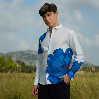 Campus Sutra Mens Royal Blue Primrose Flora Shirt for Casual Wear | Spread Collar | Long Cuffed Sleeves | Button Closure | Shir