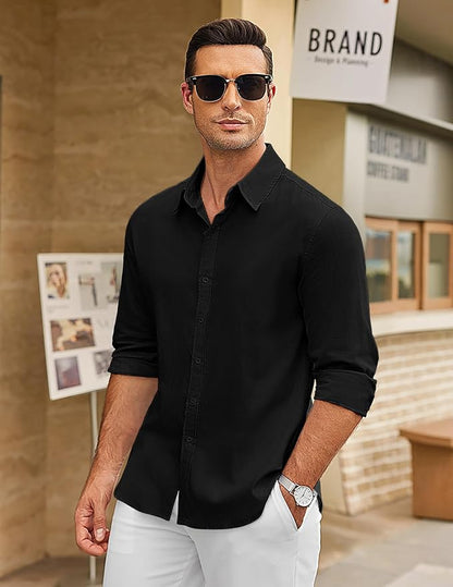 CB-COLEBROOK Mens Long Sleeve Button Down Shirts Casual Cotton Linen Shirts Summer Beach Shirt for Mens Top (in, Alpha, 2XL, Re