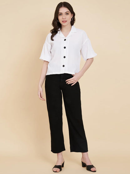 Vairagee Women Cotton Blend White Striped Pattern V-Collar Half Sleeve Stylish Boxy Shirt (1621)