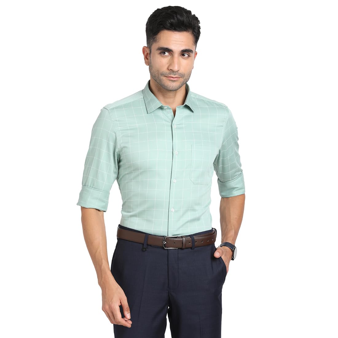 Turtle Men 100% Cotton Checkered Slim Fit Green Formal Shirt
