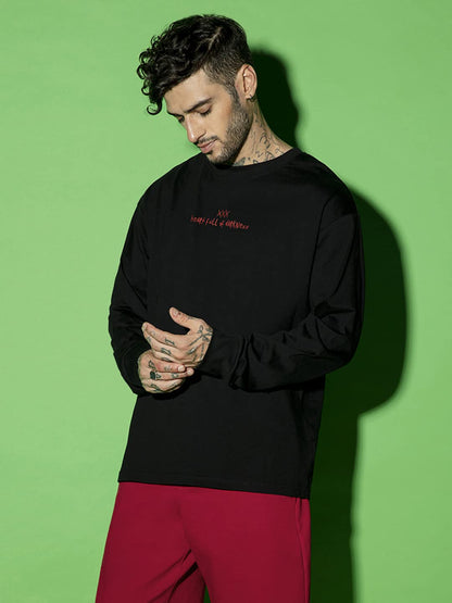 Bewakoof Mens Graphic Printed 100% Cotton T-Shirt - Oversized Fit, Round Neck, Full Sleeves Black