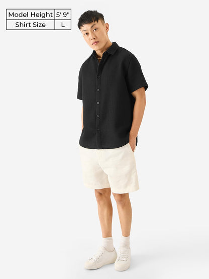 The Souled Store Solids: Midnight Black Men and Boys Short Sleeve Collared Neck Button Down Regular Fit Cotton Textured Shirts