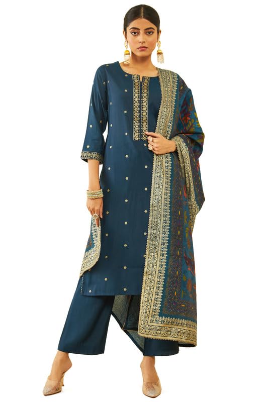 Soch Womens Blue Muslin Floral Print Suit Set With Printed Dupatta(Lg-Ewa3Cd20252B)