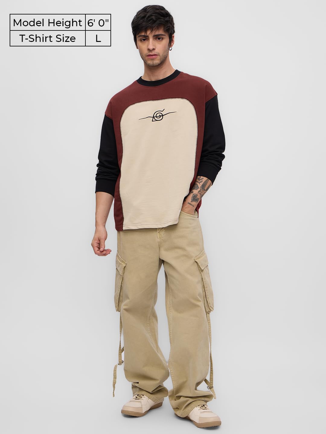 The Souled Store Naruto Shippuden: Konoha Leaf Rogue Men and Boys Round Neck Brown Colour Block Cotton Oversized Full Sleeve T-S