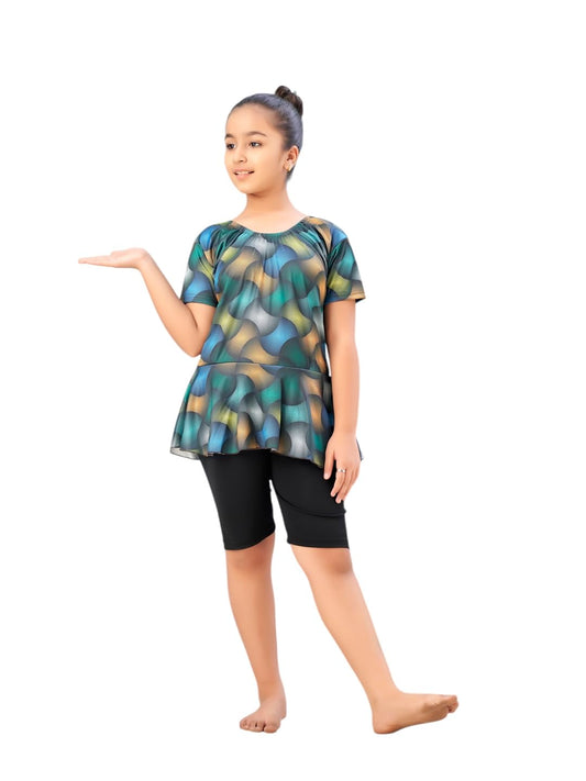 Aarika Girls Sports Wear Green-Black Colour Abstract Print Nylon Swim Suit (5-15 Years)-(SW-SHM-CA-1113)