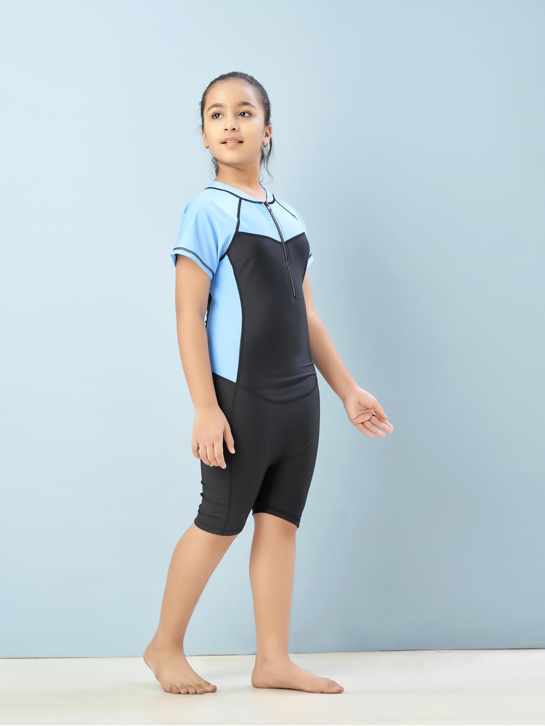Aarika Girls Sports Wear Black-Sky Blue Colour Solid Nylon Swim Suit (4-15 Years)-(SW-SHM-AB-610)