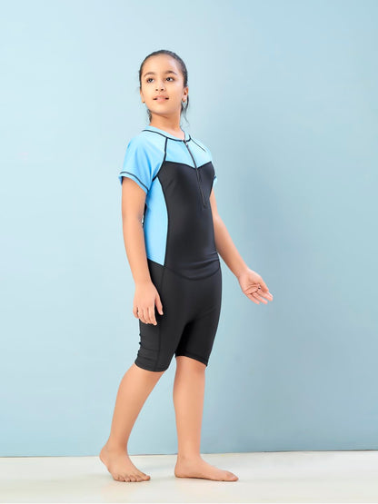 Aarika Girls Sports Wear Black-Sky Blue Colour Solid Nylon Swim Suit (4-15 Years)-(SW-SHM-AB-610)