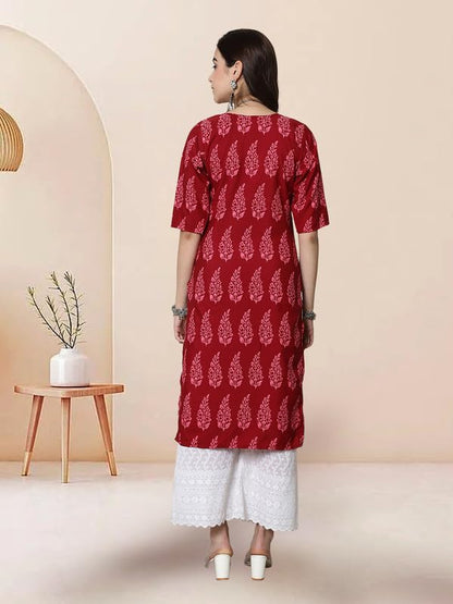 Pinkmint Elegant Printed Crepe KurtiS For WomenS Ll Fashionable Kurti Ll Straight Round Neck Kurti (Pack Of 1) Red
