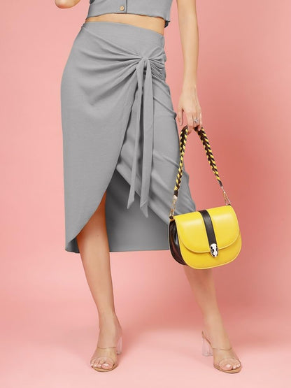 OOMPH! Stertchable Ribbed Wraparound Lycra Skirt for Women Grey - msk256
