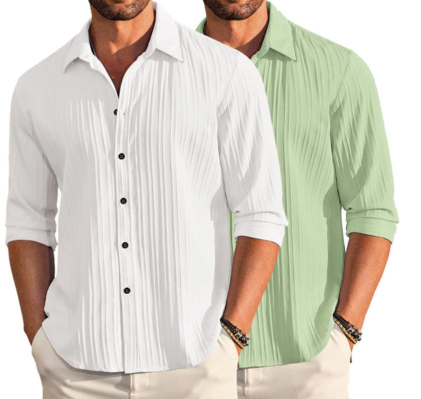 Deelmo Combo Of MenS Casual Button Down Shirts Long Sleeve Linen Shirt Fashion Textured Summer Shirts Pack Of 2