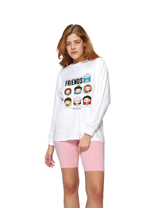 Bewakoof Official Friends Merchandise Womens Graphic Printed Oversized Fit Full Sleeve Round Neck Cotton Jersey T-Shirt_ 625133