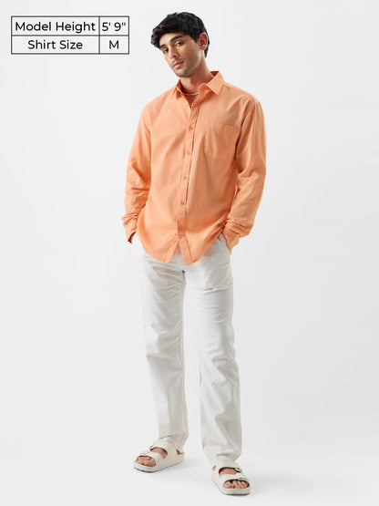 The Souled Store Linen: Peach Cotton Linen Shirts Shirts Casual Button-Down Half Sleeve Printed Graphic Short Sleeve Casual Work