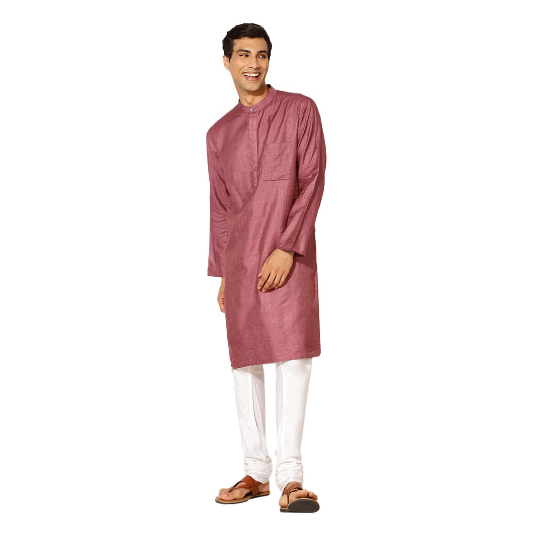 Fabindia Men Silk Blend Striped Long Kurta Pink_L