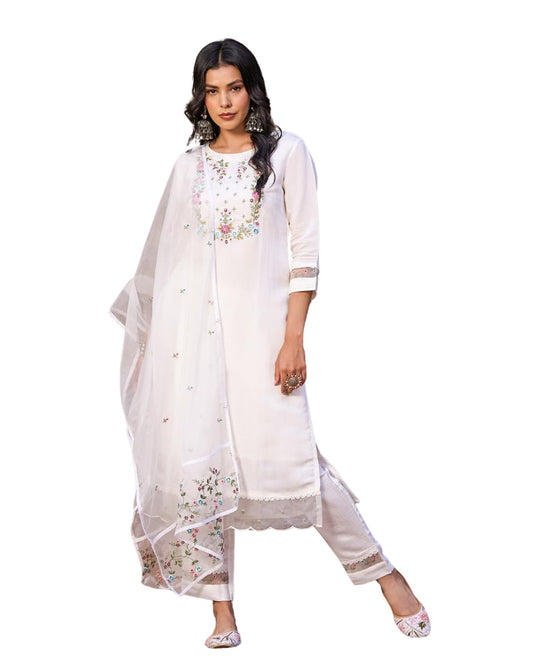 Shiv Textiles Embroidery Off White Kurta Trousers With Dupatta Striped Viscose Silk Blend Three-Quarter Sleeves Kurta Sets For W