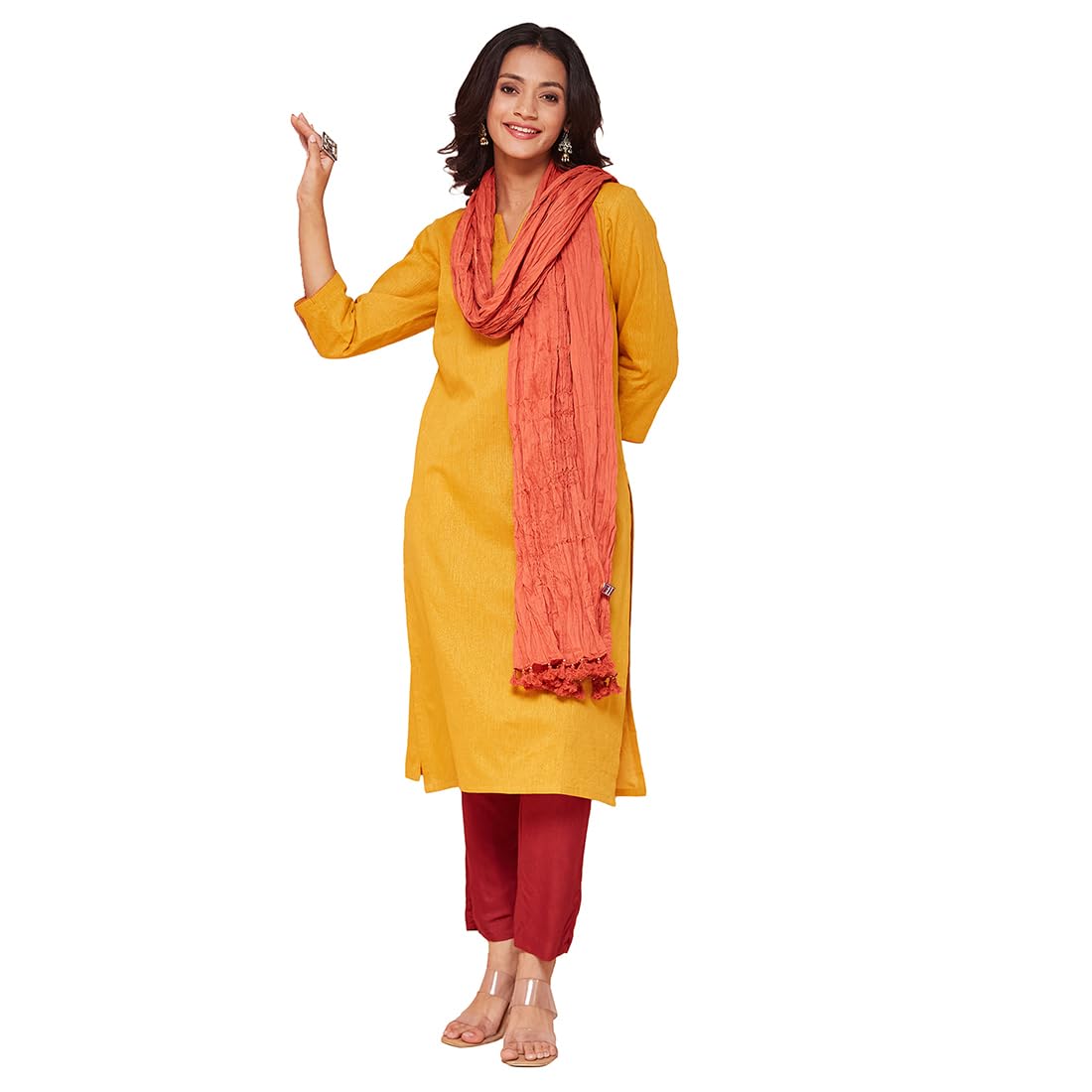 Fabindia Women's Mustard Cotton Blend Solid Regular Fit Kurta & Dupatta Set