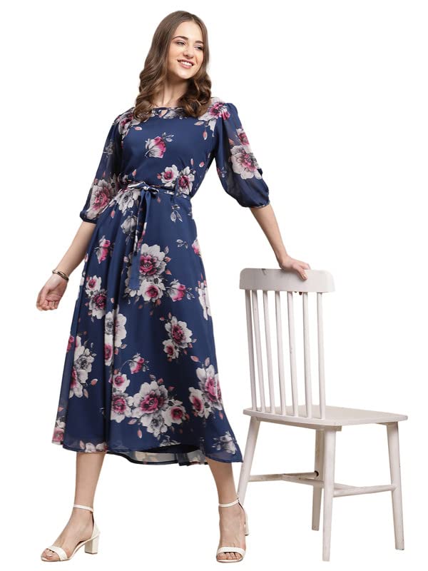 Preneum WomenS Maxi Fit & Flare Latest Style Print Georgette Regular Sleeves Casual Dress |Summer Dress Festival & Occasion Max
